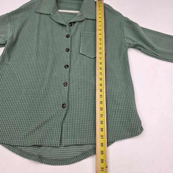 Green Waffle Knit Button-Up Shirt w/Chest Pocket & Long Sleeves Relaxed Fit - Picture 11 of 12